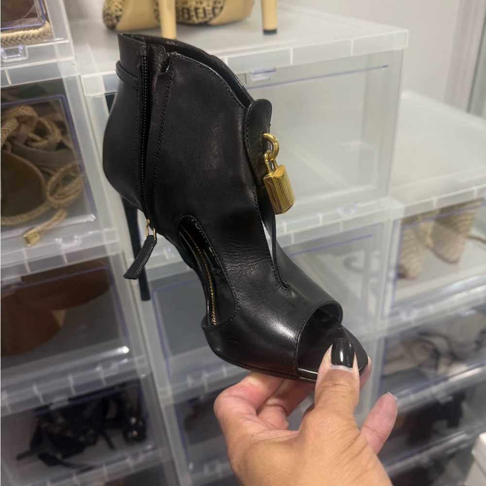 Black Leather Peep-Toe Ankle Boots